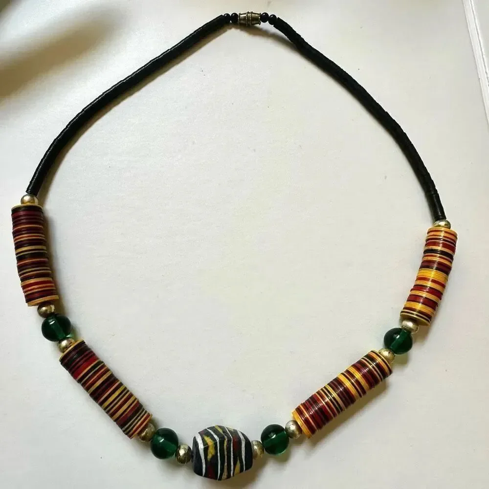 African coconut shell beaded disc necklace